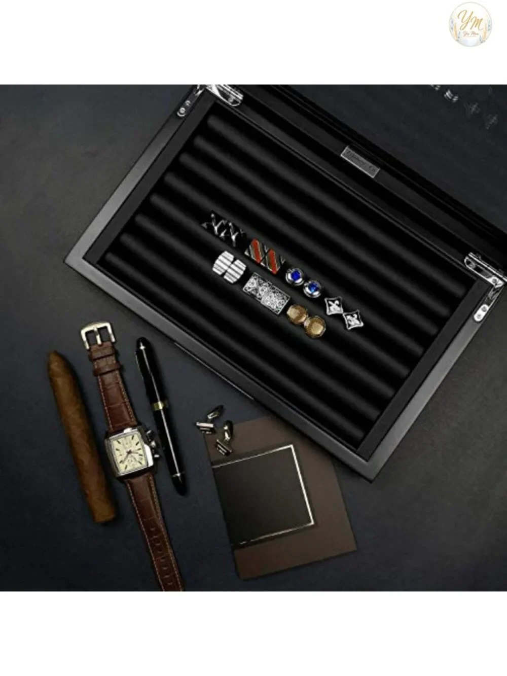 Men's Wooden Cufflink Box Organizer with Real Glass Window, Velvet Lined, 36-46